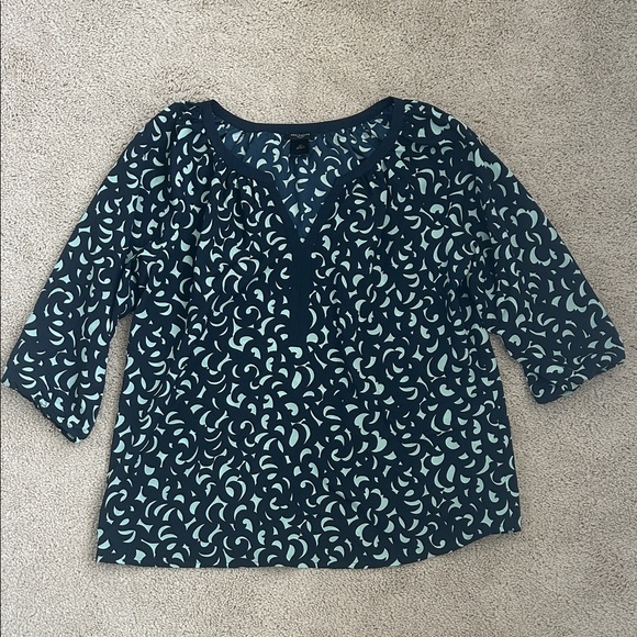 Ann Taylor Factory Women's Navy and Light Teal Patterned Top, XS - Picture 1 of 4